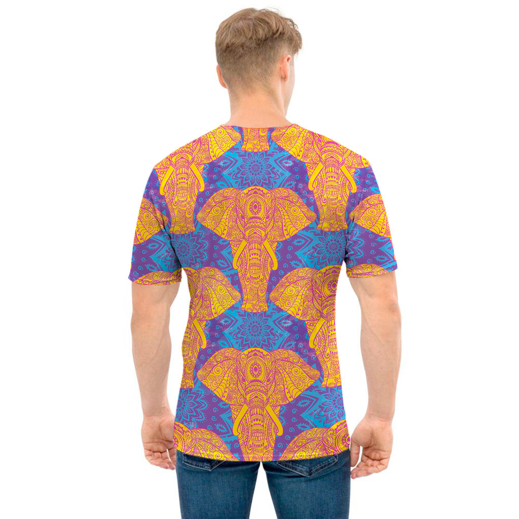 Yellow Mandala Elephant Pattern Print Men's T-Shirt
