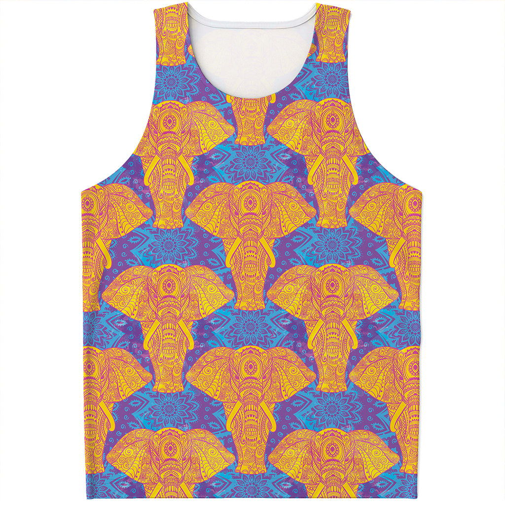 Yellow Mandala Elephant Pattern Print Men's Tank Top
