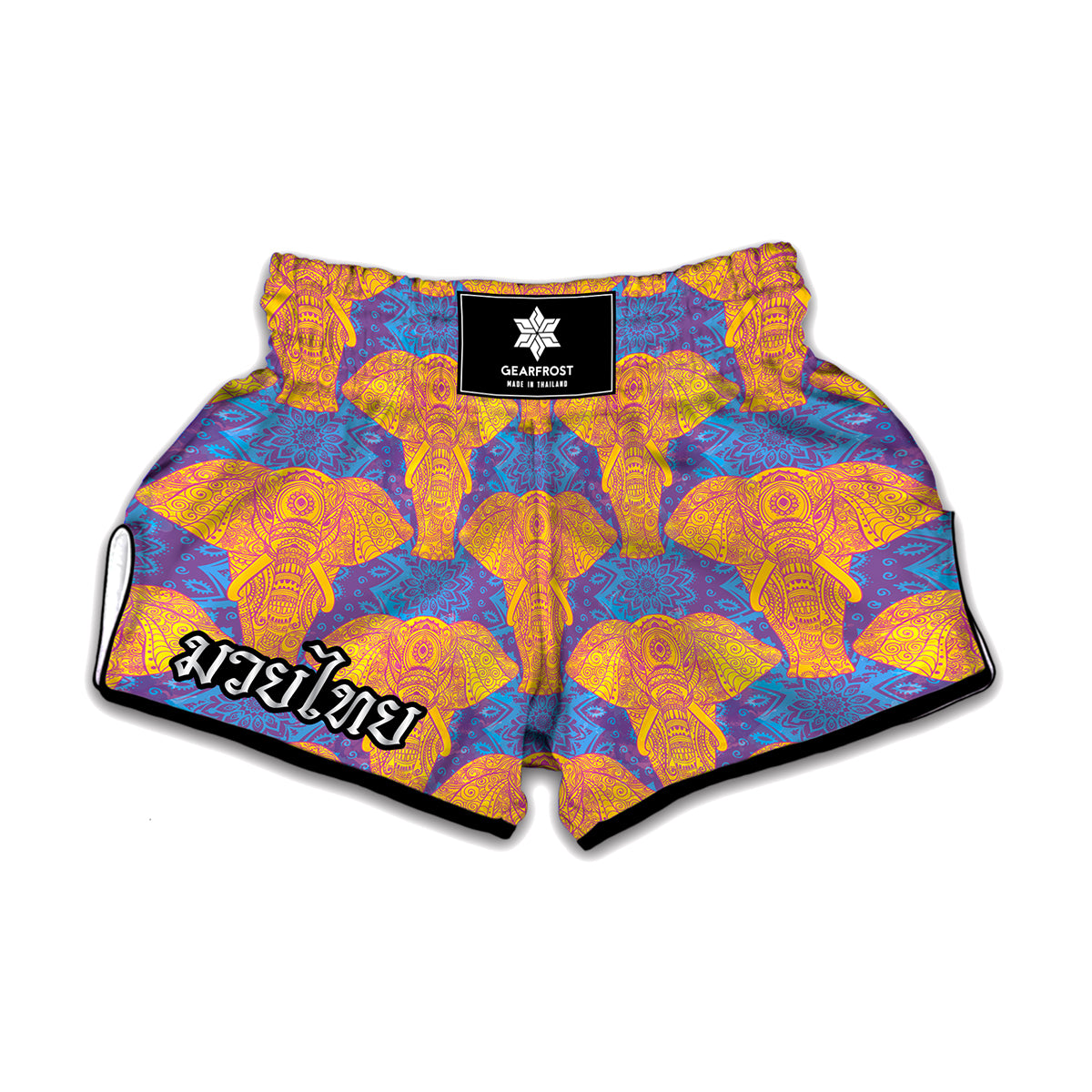 Yellow Mandala Elephant Pattern Print Muay Thai Boxing Shorts