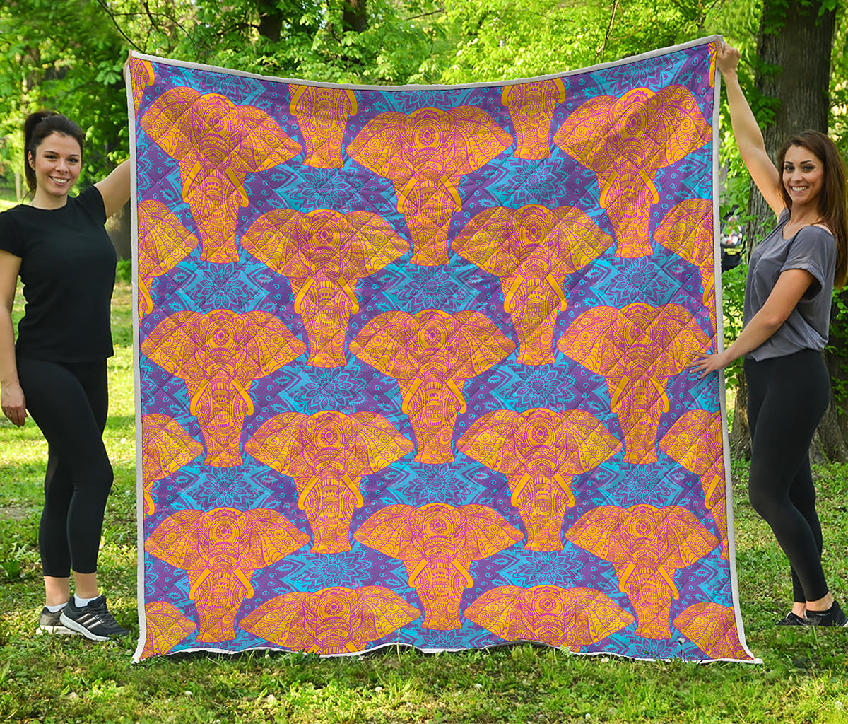 Yellow Mandala Elephant Pattern Print Quilt