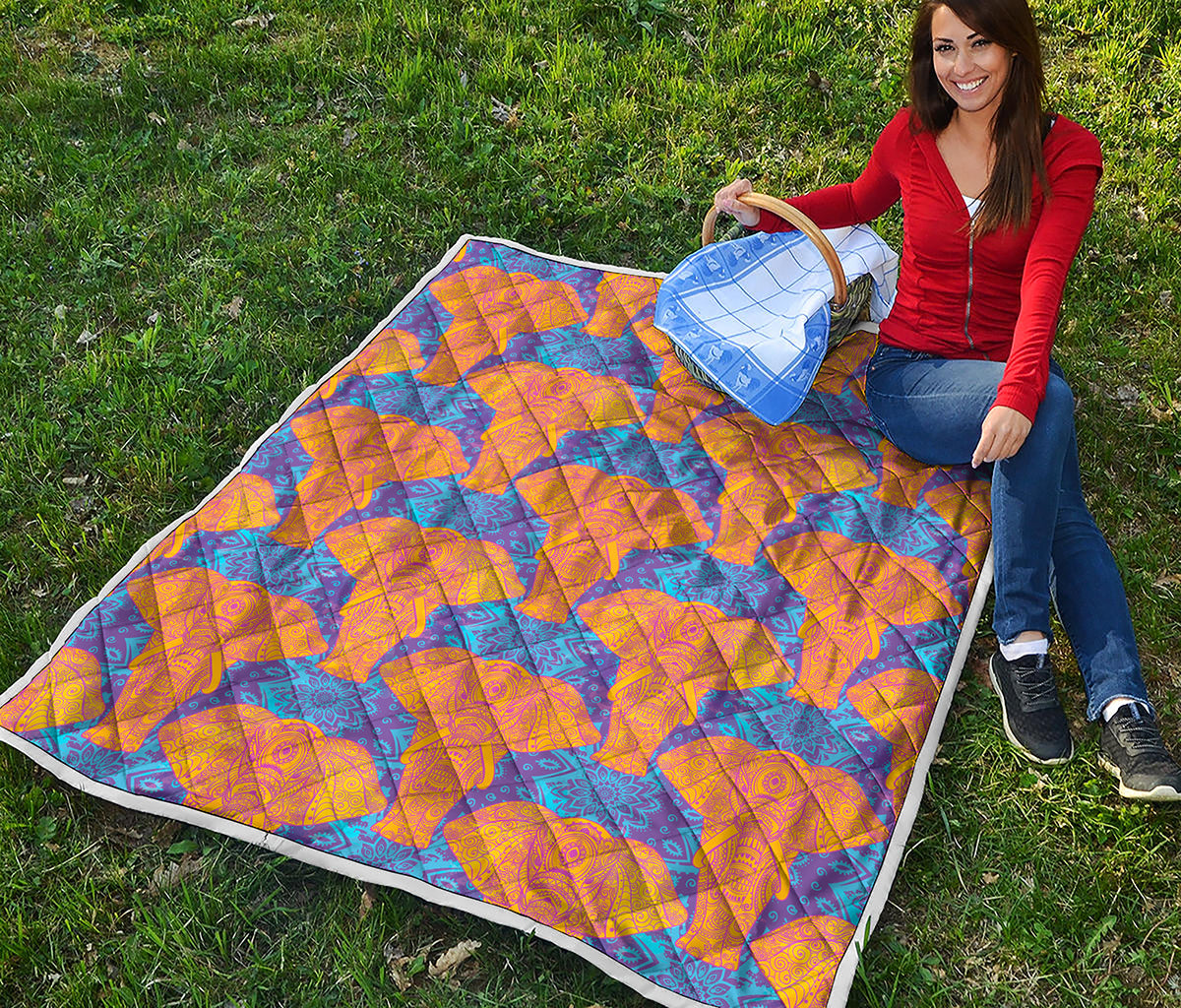 Yellow Mandala Elephant Pattern Print Quilt