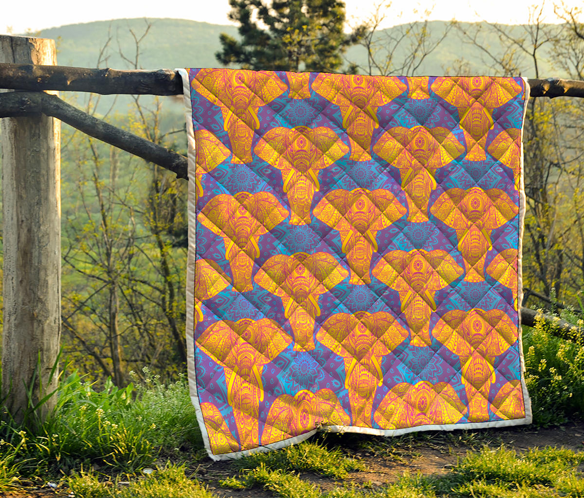 Yellow Mandala Elephant Pattern Print Quilt
