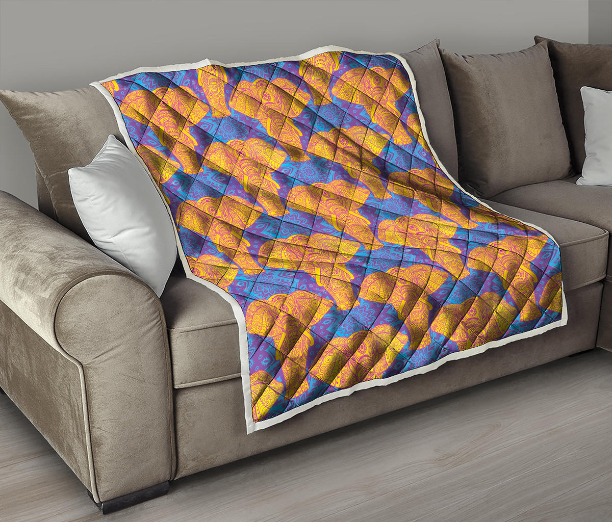 Yellow Mandala Elephant Pattern Print Quilt