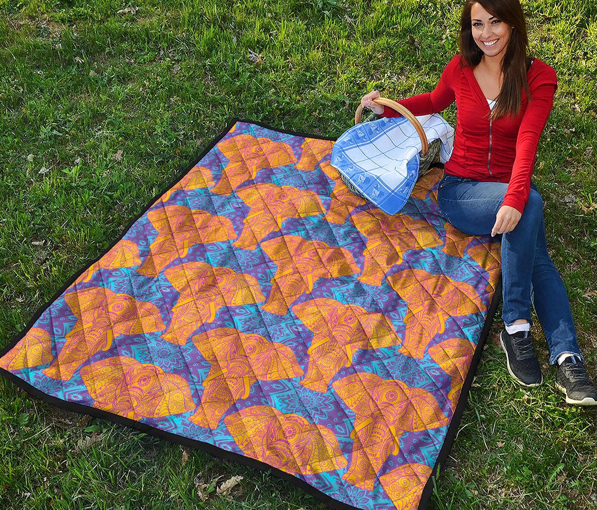 Yellow Mandala Elephant Pattern Print Quilt