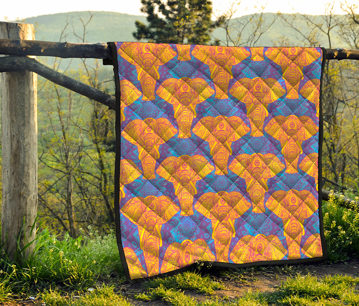 Yellow Mandala Elephant Pattern Print Quilt
