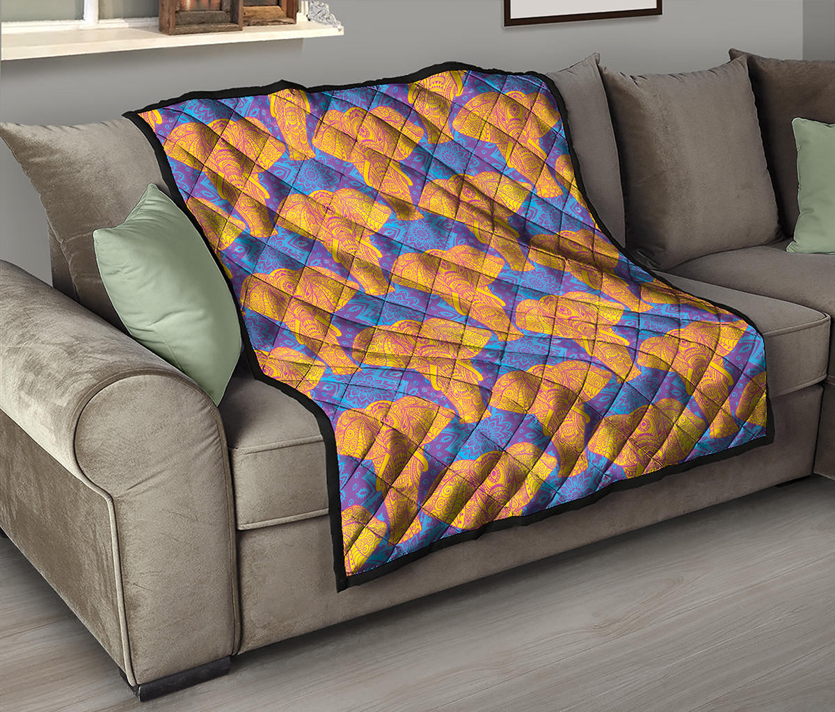 Yellow Mandala Elephant Pattern Print Quilt
