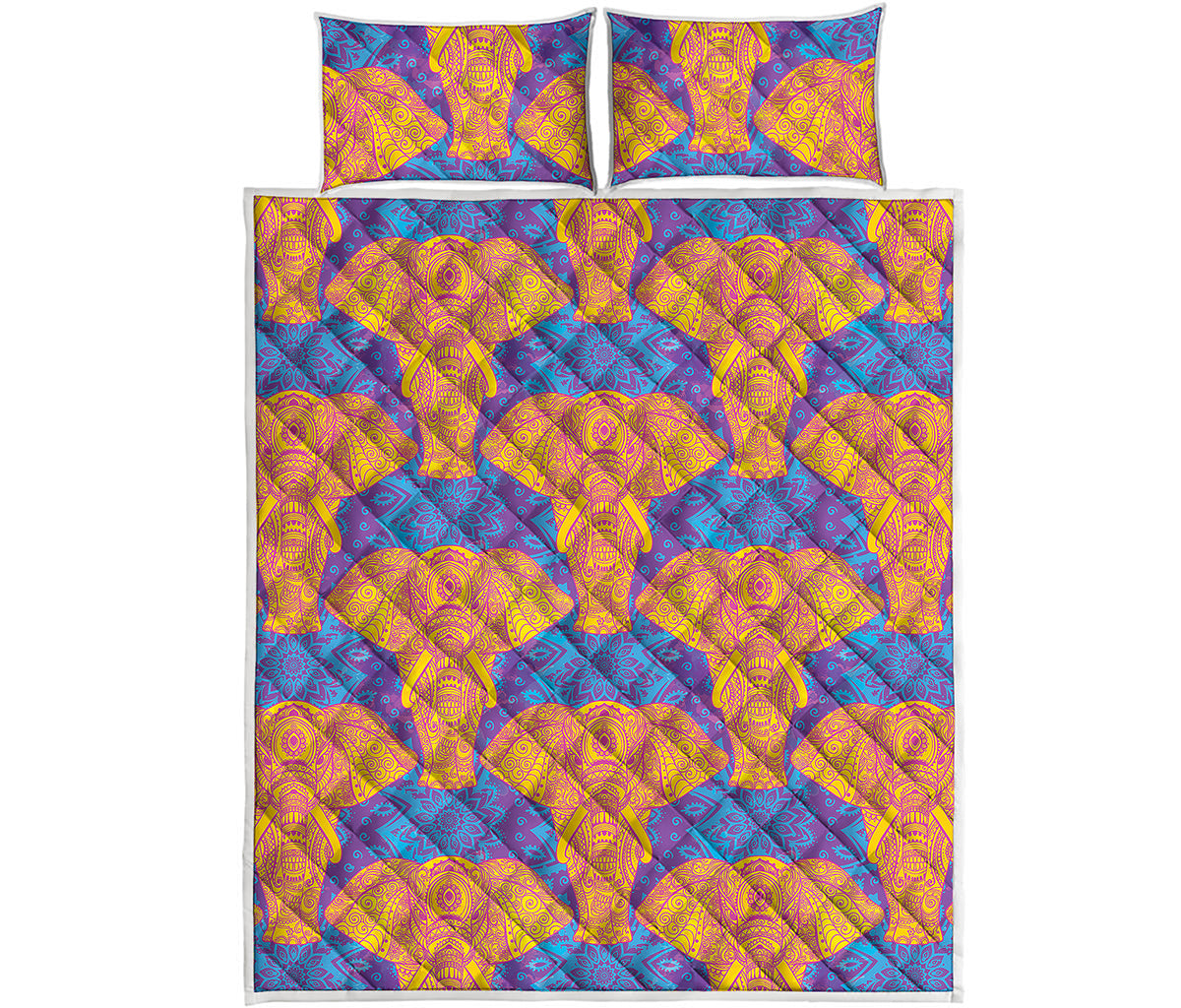 Yellow Mandala Elephant Pattern Print Quilt Bed Set