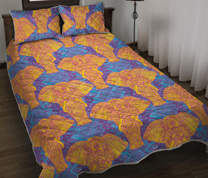 Yellow Mandala Elephant Pattern Print Quilt Bed Set