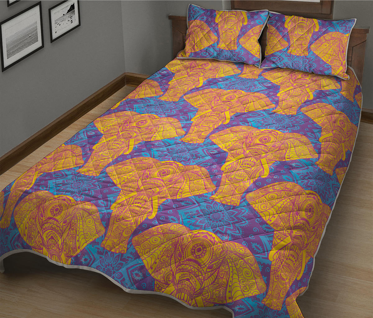 Yellow Mandala Elephant Pattern Print Quilt Bed Set