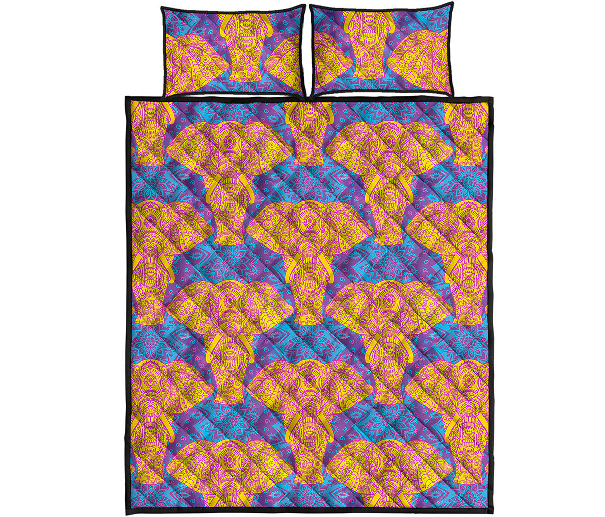 Yellow Mandala Elephant Pattern Print Quilt Bed Set