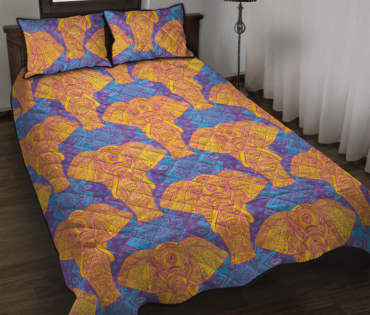 Yellow Mandala Elephant Pattern Print Quilt Bed Set