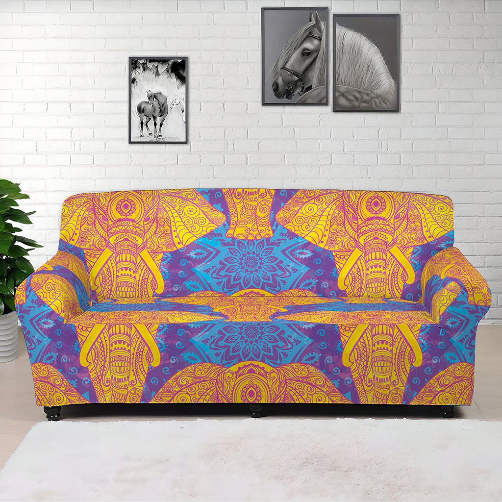 Yellow Mandala Elephant Pattern Print Sofa Cover