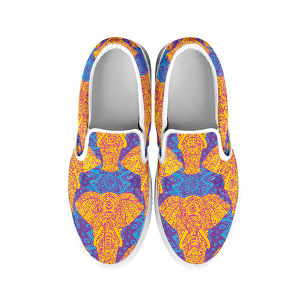 Yellow Mandala Elephant Pattern Print White Slip On Shoes