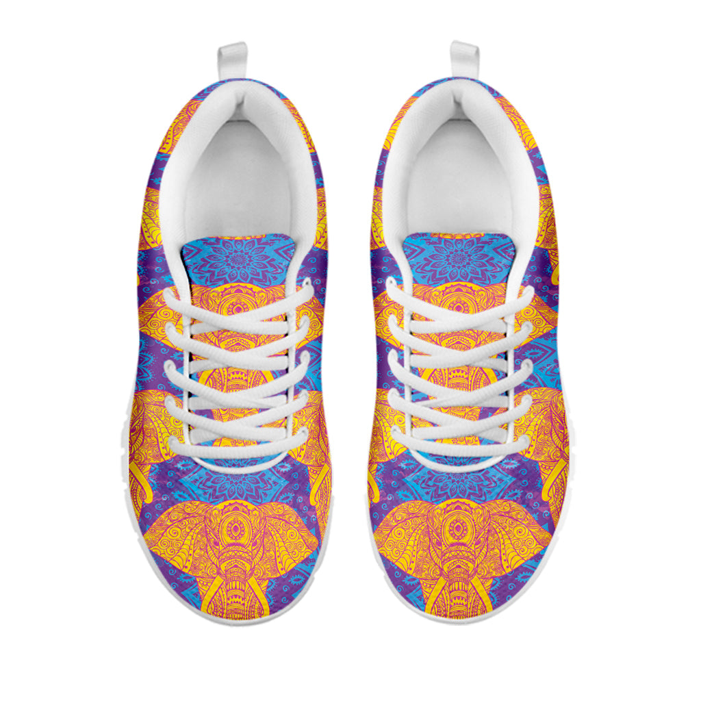 Yellow Mandala Elephant Pattern Print White Sneakers