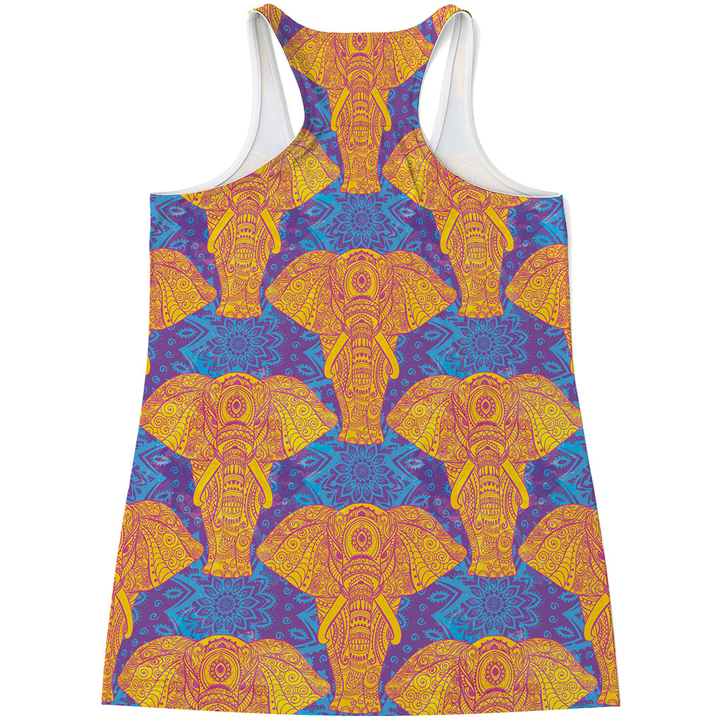 Yellow Mandala Elephant Pattern Print Women's Racerback Tank Top