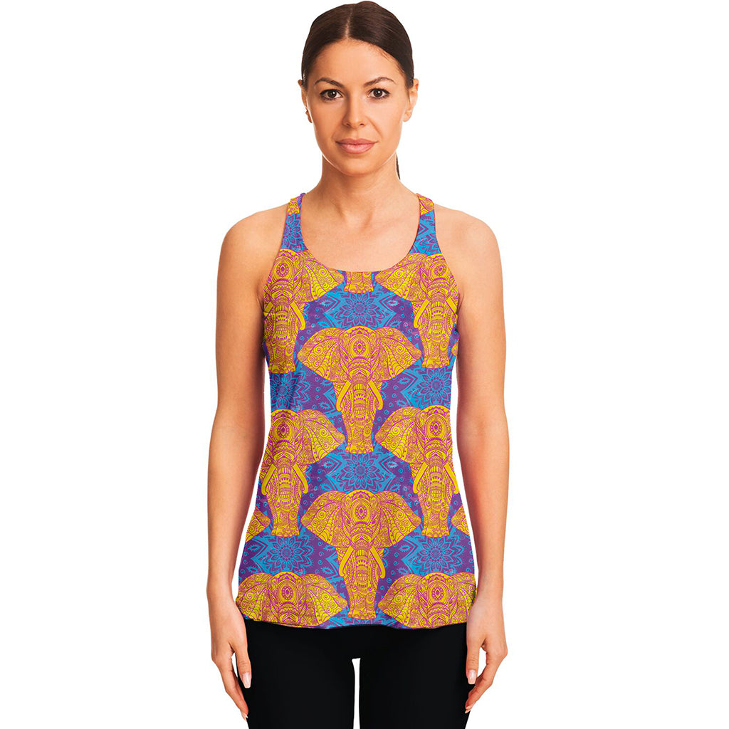 Yellow Mandala Elephant Pattern Print Women's Racerback Tank Top