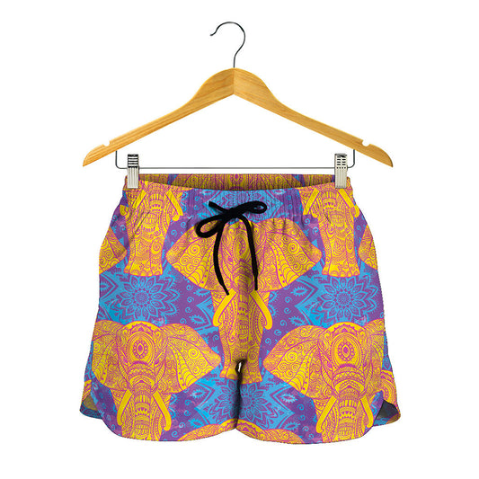 Yellow Mandala Elephant Pattern Print Women's Shorts