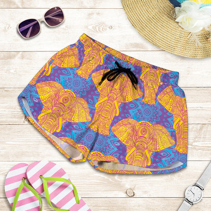 Yellow Mandala Elephant Pattern Print Women's Shorts