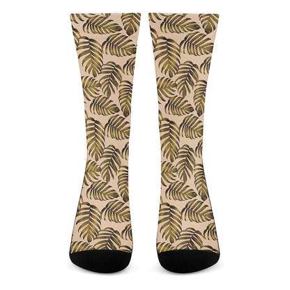 Yellow Monstera Leaves Pattern Print Crew Socks
