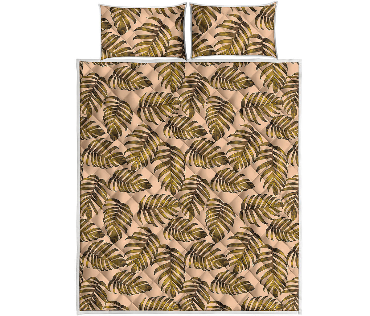 Yellow Monstera Leaves Pattern Print Quilt Bed Set