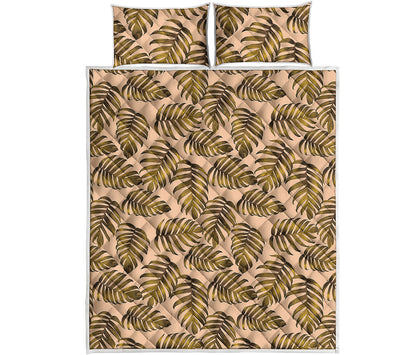 Yellow Monstera Leaves Pattern Print Quilt Bed Set