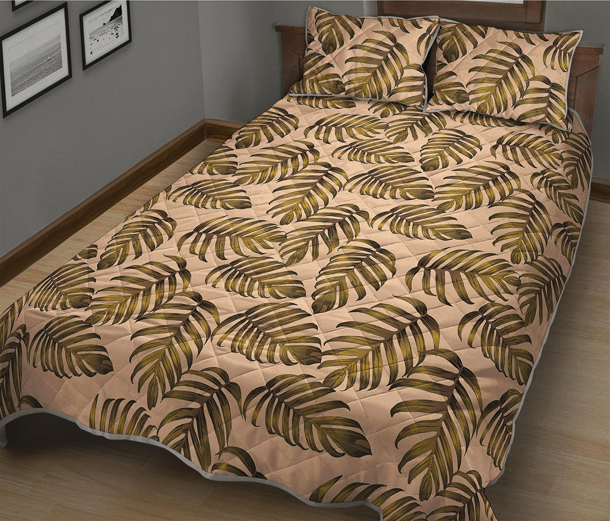 Yellow Monstera Leaves Pattern Print Quilt Bed Set