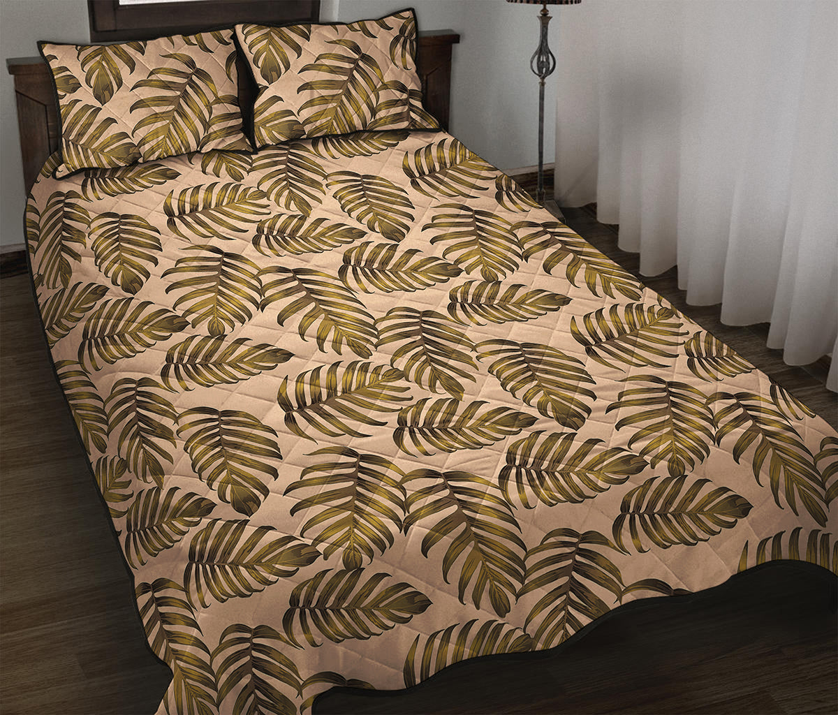Yellow Monstera Leaves Pattern Print Quilt Bed Set