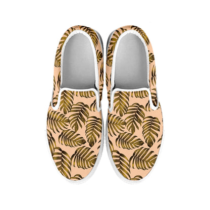 Yellow Monstera Leaves Pattern Print White Slip On Shoes