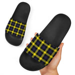 Yellow Navy And Black Plaid Print Black Slide Sandals