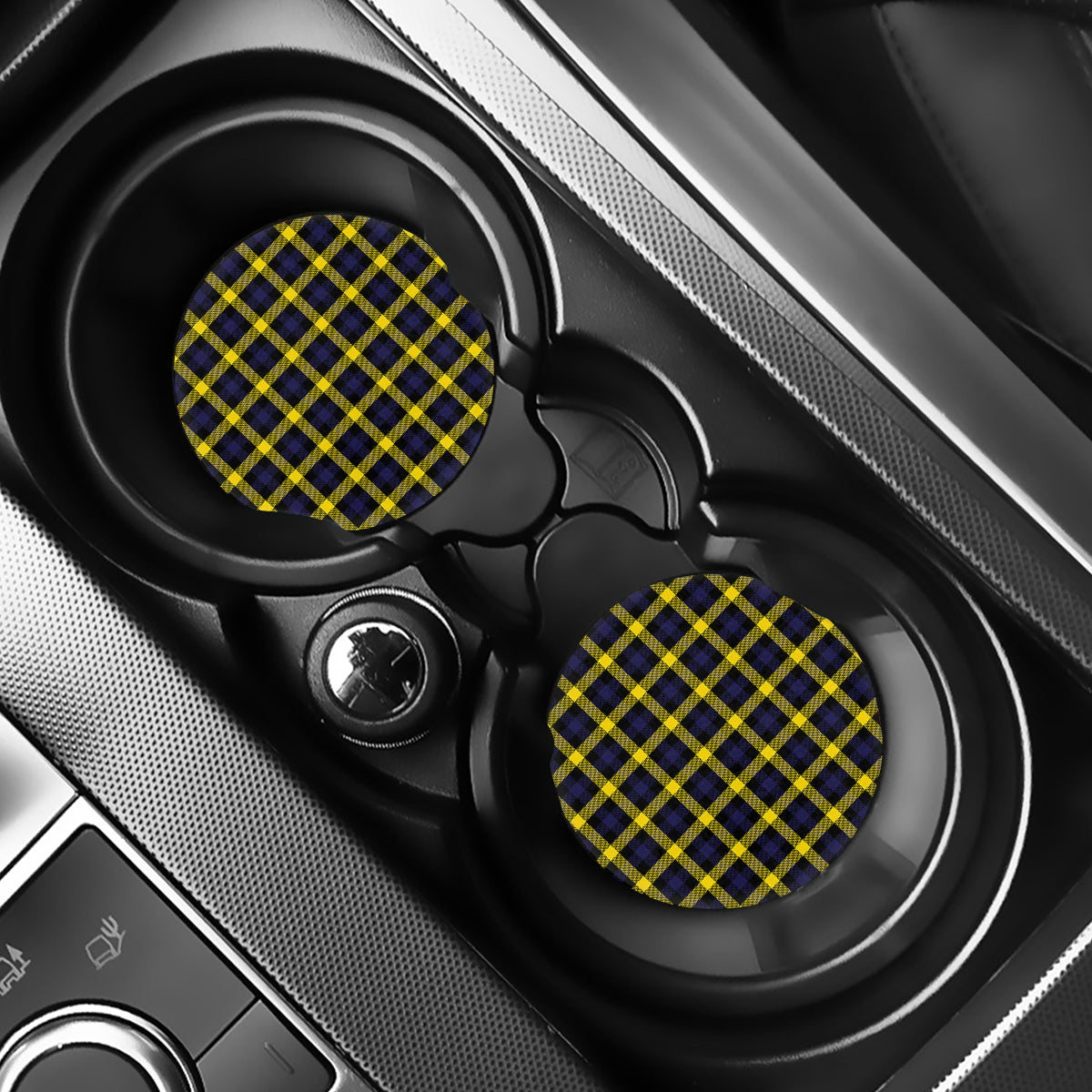Yellow Navy And Black Plaid Print Car Coasters