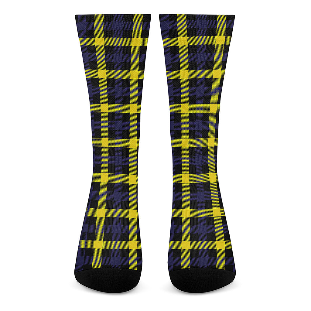 Yellow Navy And Black Plaid Print Crew Socks