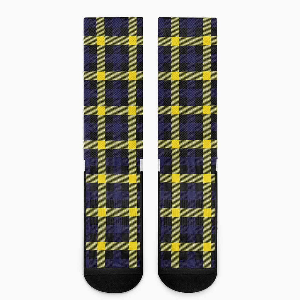 Yellow Navy And Black Plaid Print Crew Socks