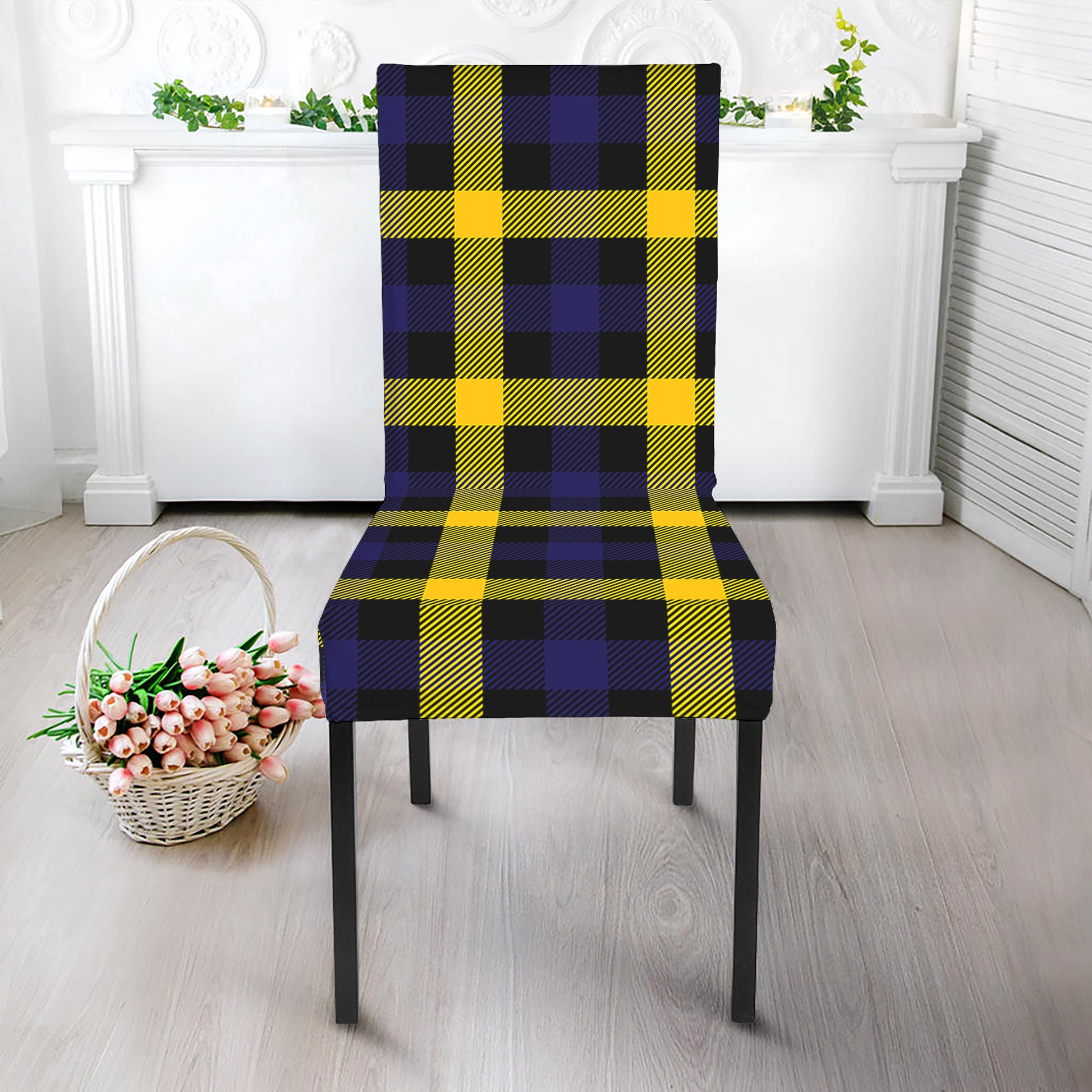 Yellow Navy And Black Plaid Print Dining Chair Slipcover