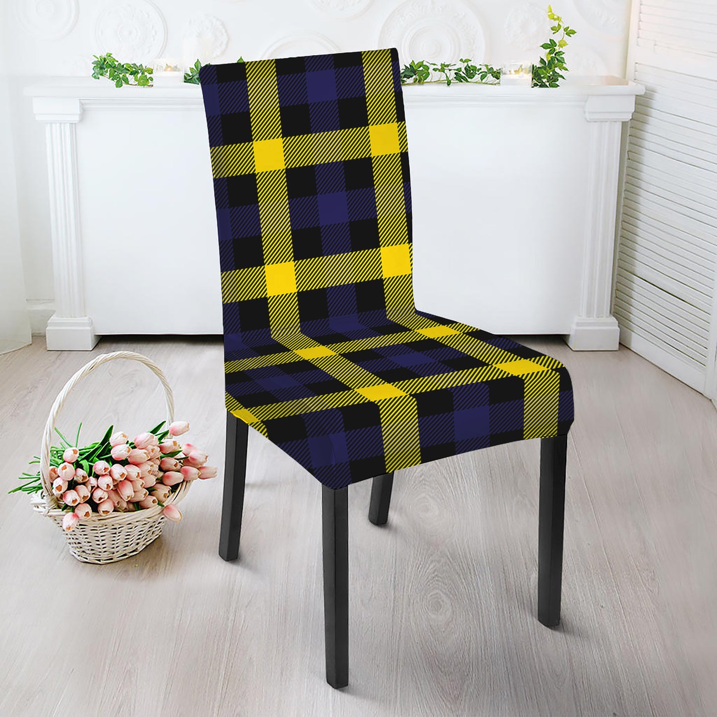 Yellow Navy And Black Plaid Print Dining Chair Slipcover