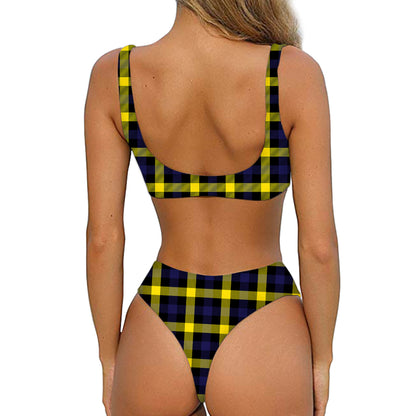 Yellow Navy And Black Plaid Print Front Bow Tie Bikini