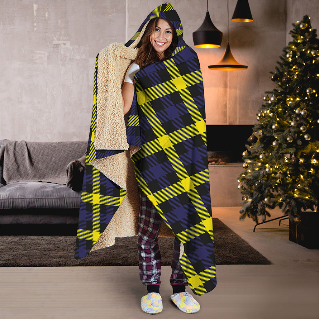 Yellow Navy And Black Plaid Print Hooded Blanket