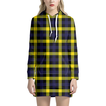 Yellow Navy And Black Plaid Print Hoodie Dress
