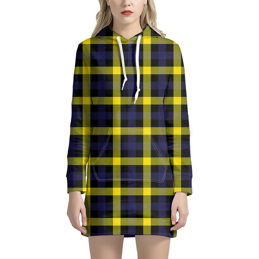 Yellow Navy And Black Plaid Print Hoodie Dress