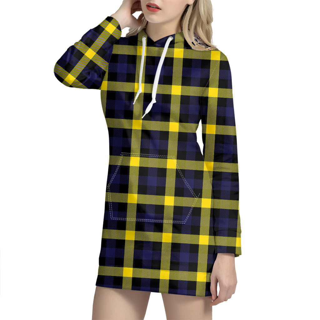 Yellow Navy And Black Plaid Print Hoodie Dress