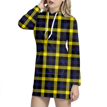 Yellow Navy And Black Plaid Print Hoodie Dress