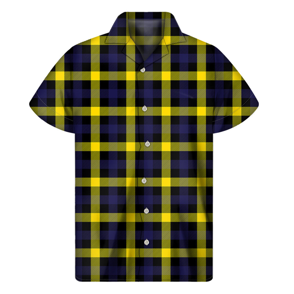 Yellow Navy And Black Plaid Print Men's Short Sleeve Shirt