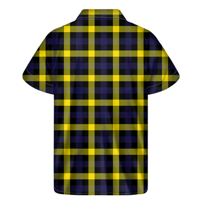 Yellow Navy And Black Plaid Print Men's Short Sleeve Shirt
