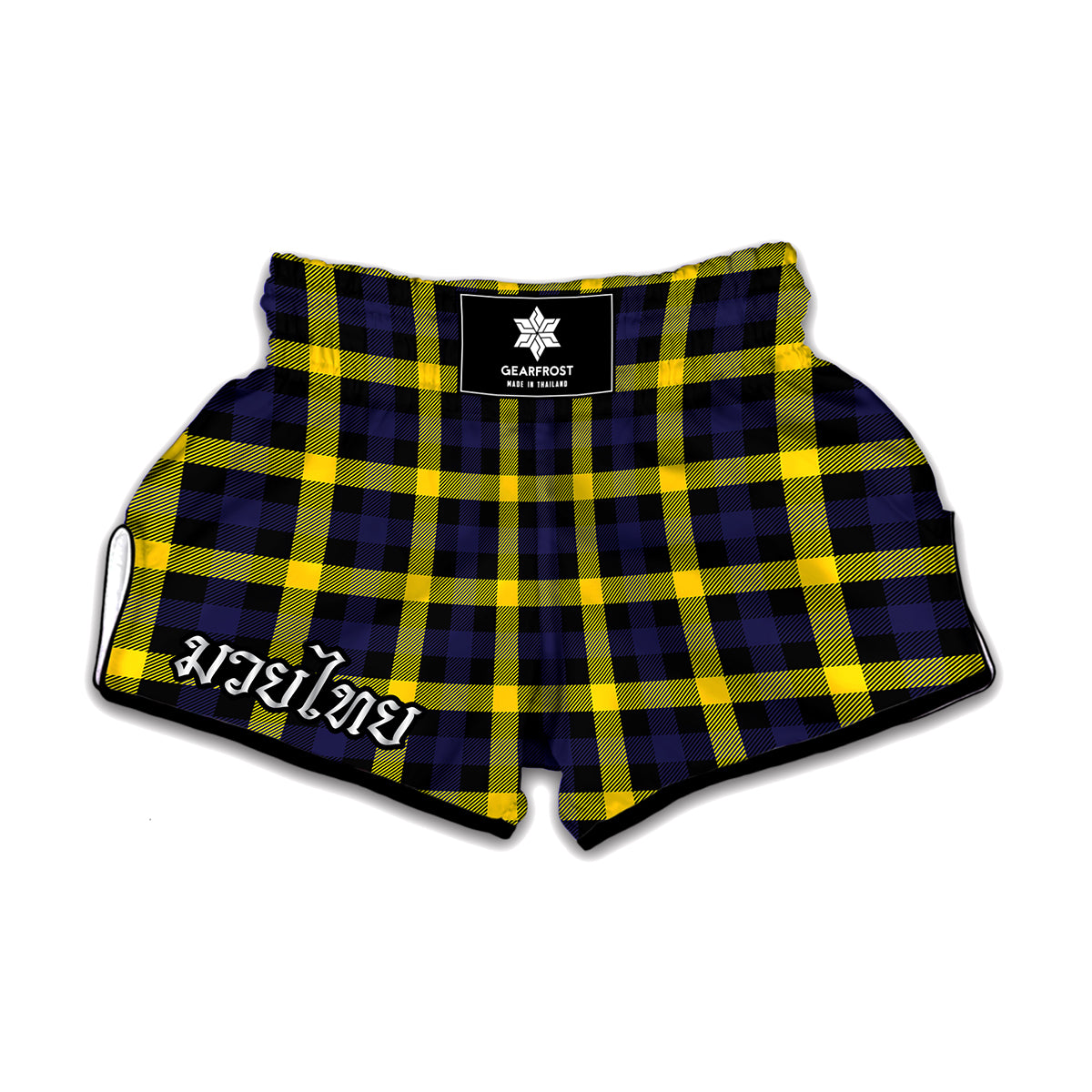 Yellow Navy And Black Plaid Print Muay Thai Boxing Shorts