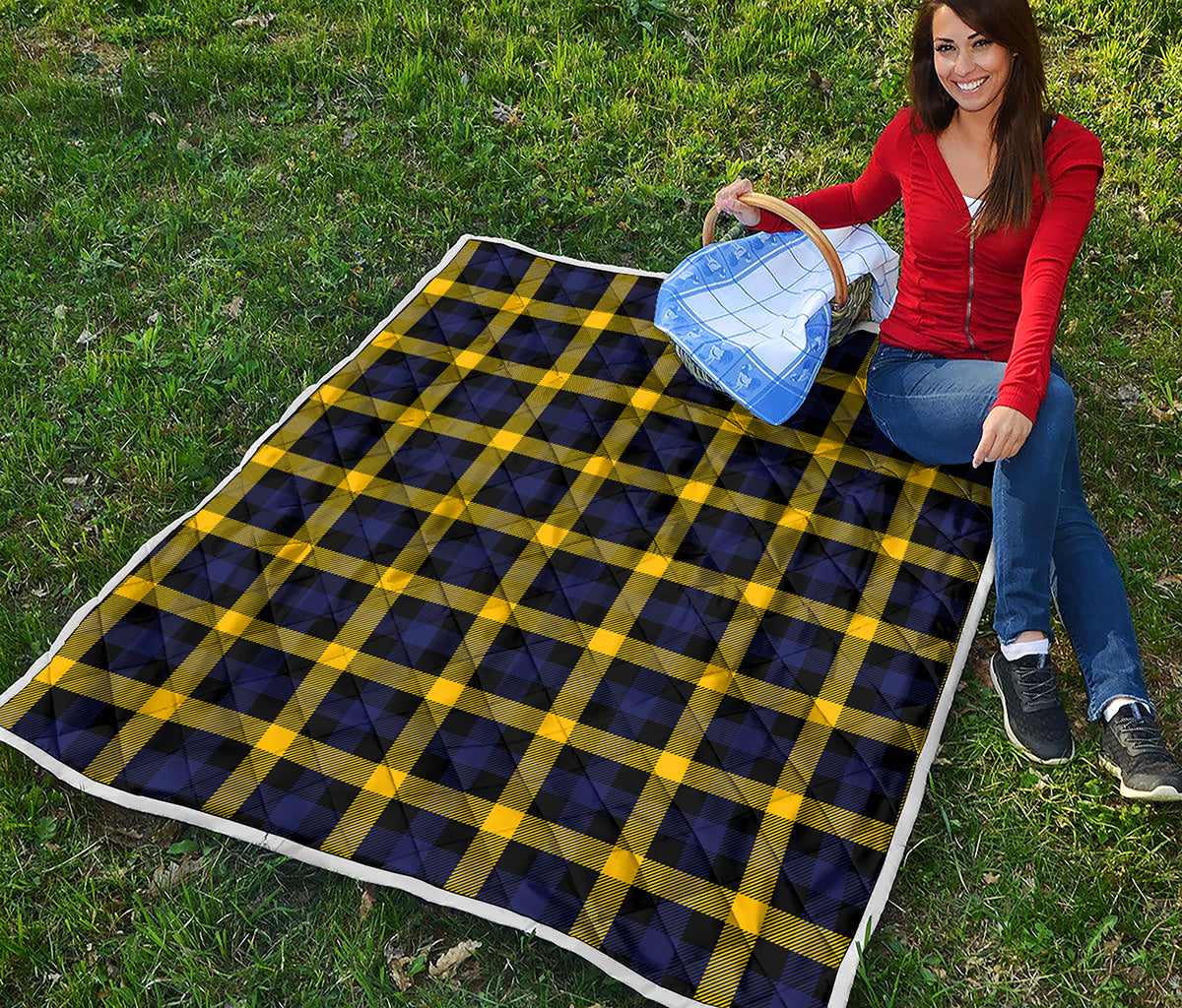 Yellow Navy And Black Plaid Print Quilt