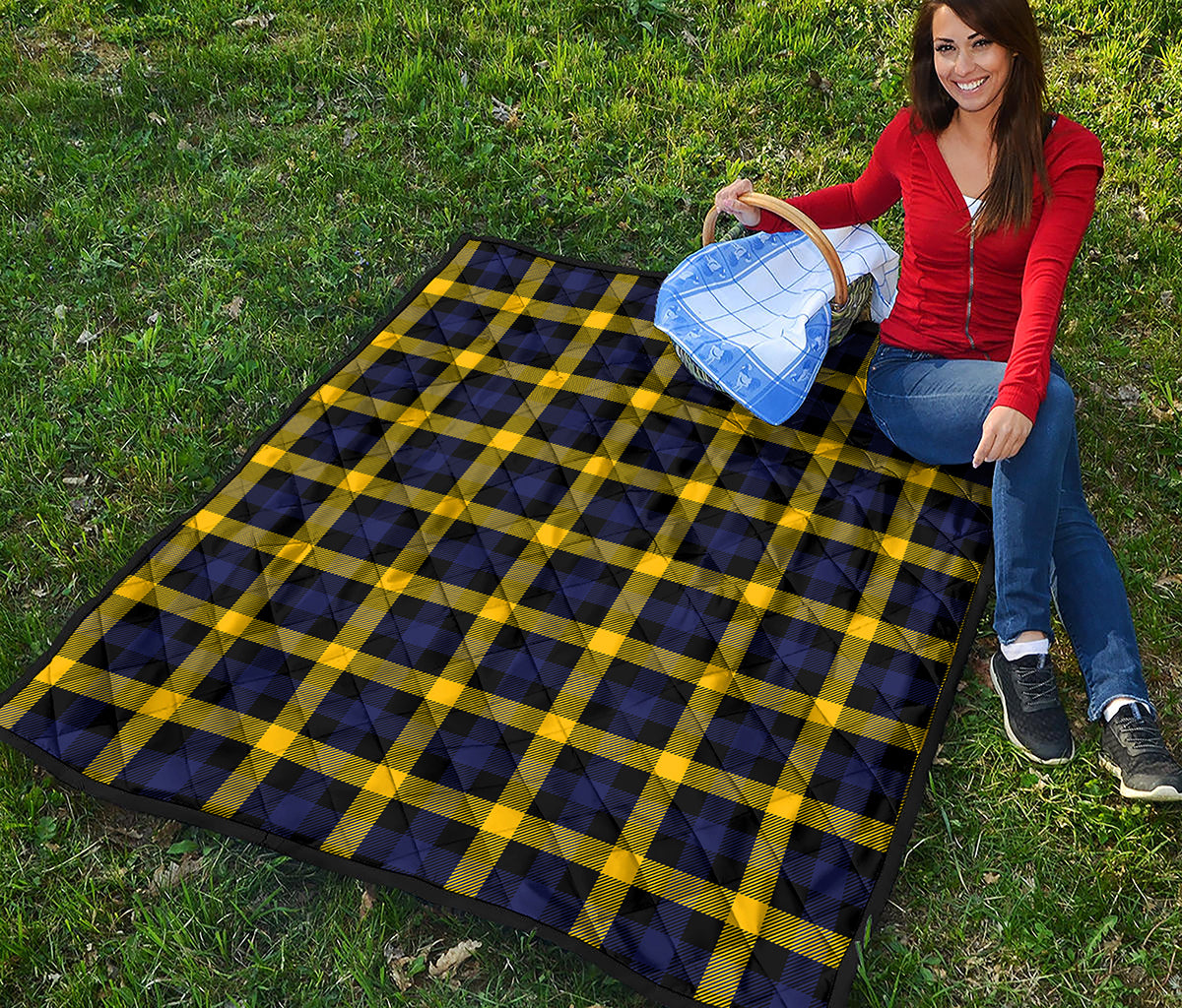 Yellow Navy And Black Plaid Print Quilt