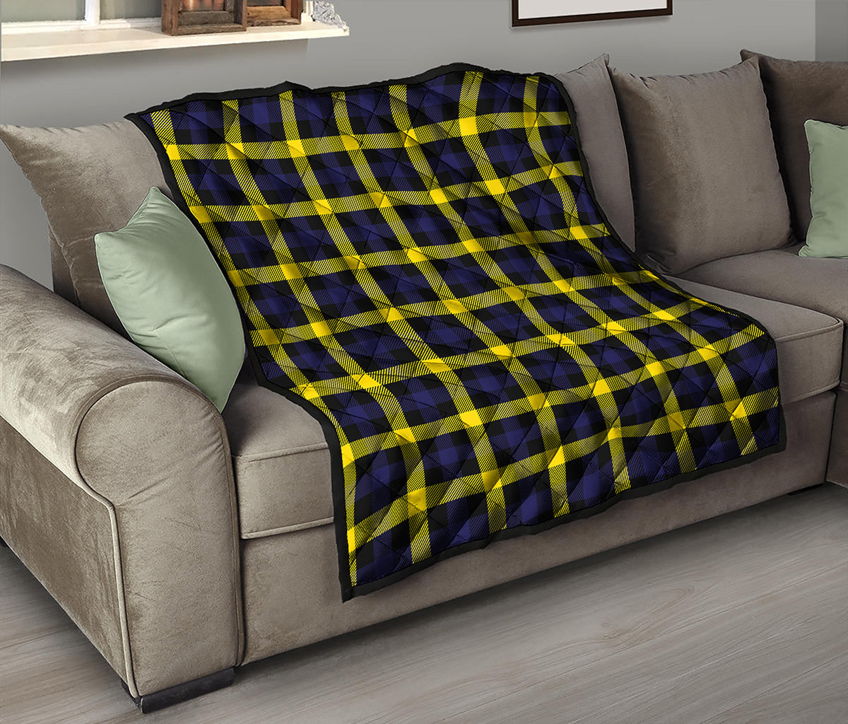 Yellow Navy And Black Plaid Print Quilt