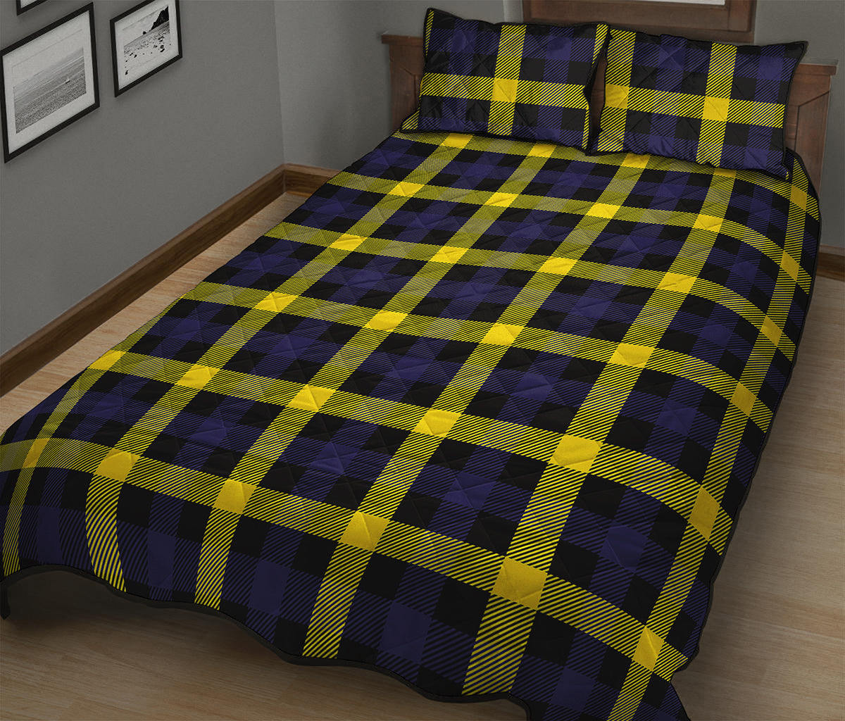 Yellow Navy And Black Plaid Print Quilt Bed Set