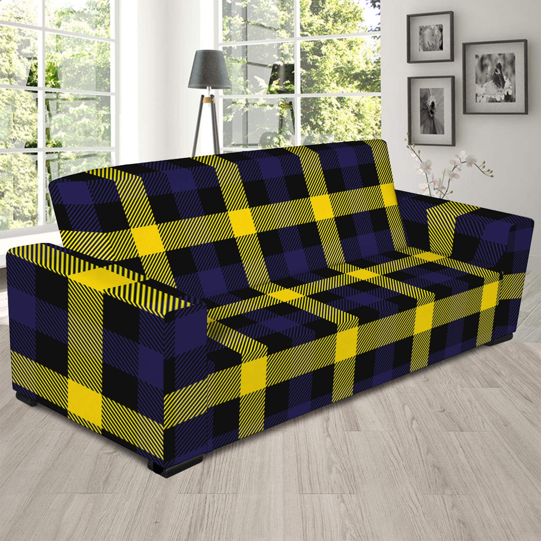 Yellow Navy And Black Plaid Print Sofa Slipcover