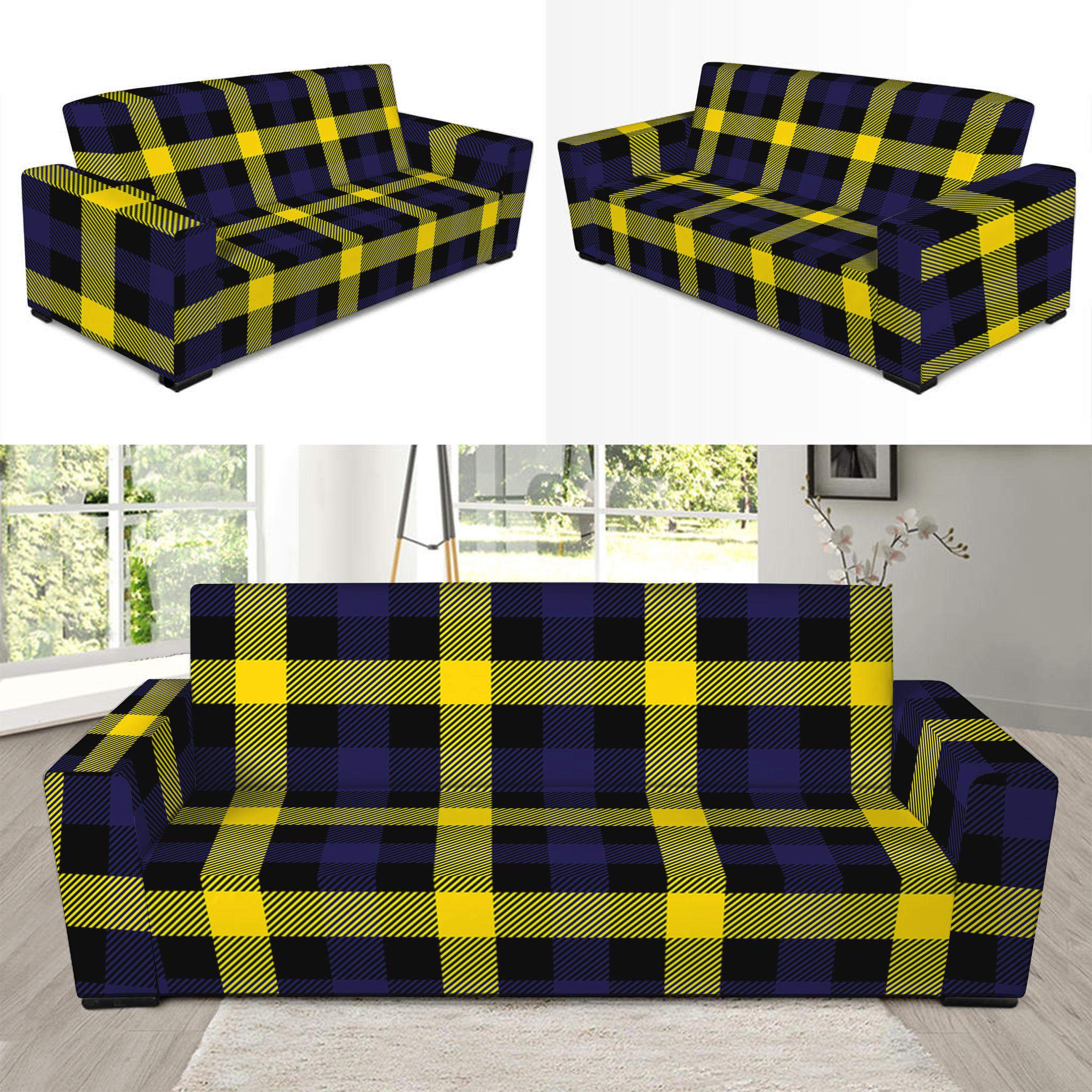 Yellow Navy And Black Plaid Print Sofa Slipcover