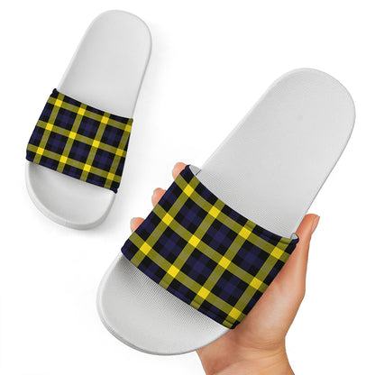 Yellow Navy And Black Plaid Print White Slide Sandals